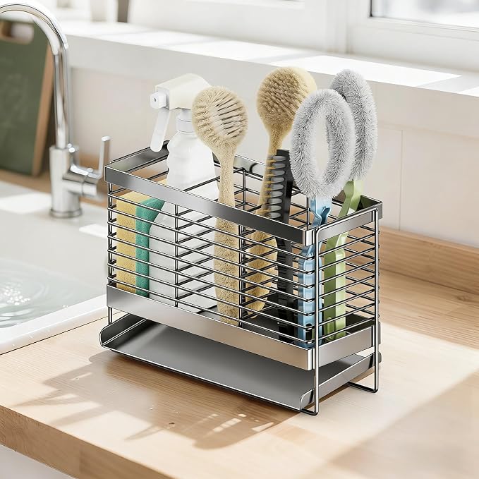 Utensil Holder, Upgrade Stainless Steel Utensil Drying Rack with Automatic Drain Tray for Kitchen Counter, Silverware Cutlery Organizer for Spoons, Forks, Knifes, Chopsticks (Silver)