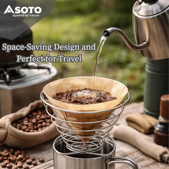 SOTO Compact Helix Coffee Maker - Portable Stainless Steel Pour Over Coffee Dripper for Travel, Camping, Bikepacking, and Home - Lightweight, Foldable, and Eco-Friendly Design
