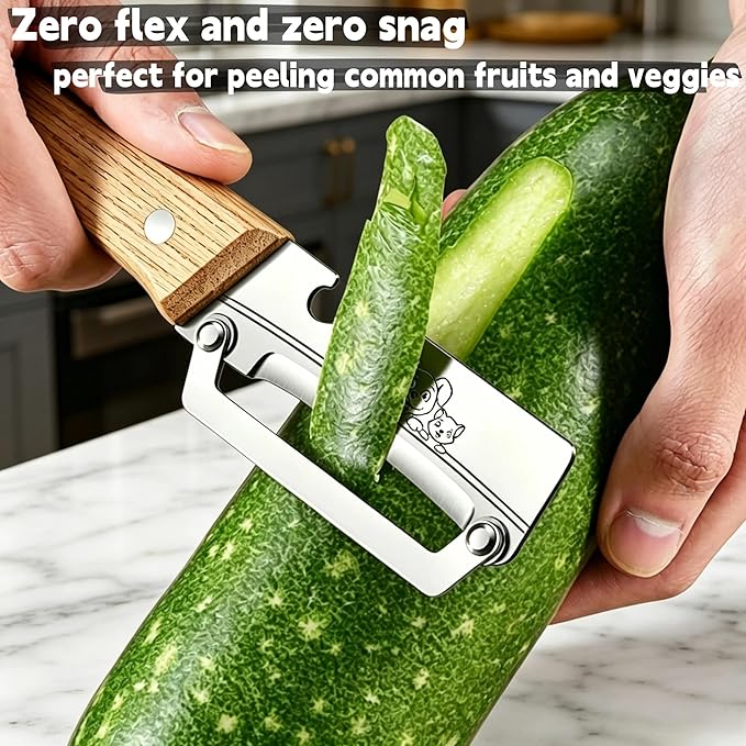 TEEVEA Multifunctional Vegetable Peeler, Zero Flex & Zero Snag, Stainless Steel with Wooden Handle, 2 in 1 Peeler with Bottle Opener for Fruit Potato Apple Carrot