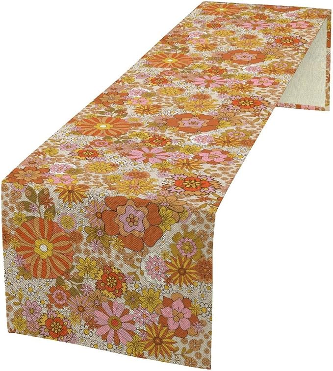 Retro 70s Floral Table Runner,Vintage Hippie Summer Groovy Daisy Flower Dinner Runner for Home Kitchen Dining Table Party Holiday Decor 13"x108"