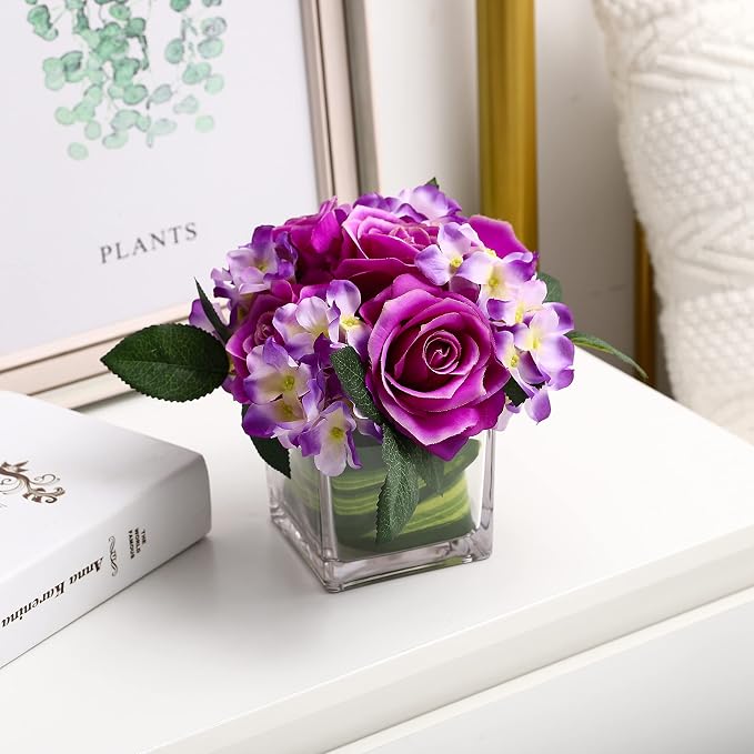 Fule Artificial Silk Rose Flower Centerpiece Arrangement in vase for Home Wedding Decoration (Light Purple)
