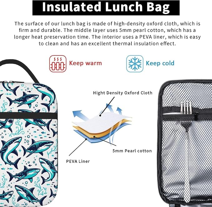 shark lunch box Reusable Insulated Lunch bag with Side Pocket, Leakproof Portable Thermal Meal Organizer for Adults, Men Women for Office, Camping & Outdoor