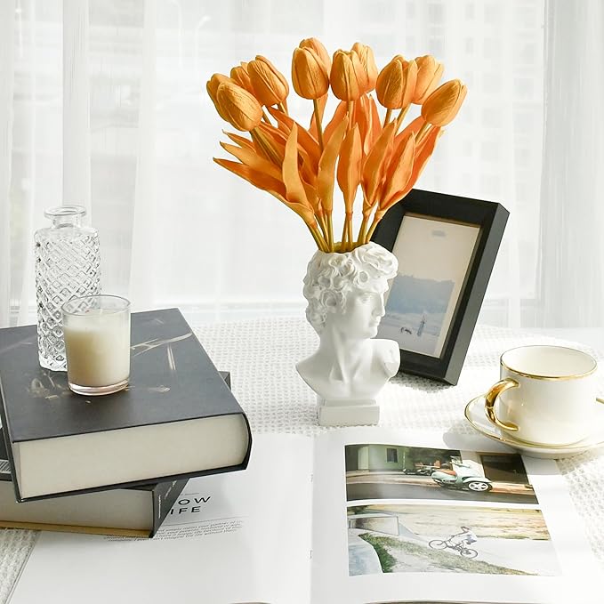 Mandy's Gold Artificial Tulips Flowers Centerpiece, 13.5" Lifelike PU Fake Floral Stems 12pcs for Kitchen Island & Dining Table, Spring Decor for Easter