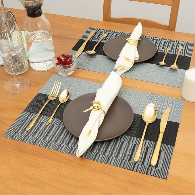 Winknowl Placemats Set of 8, Heat Resistant Non-Slip Vinyl Woven Table Mats for Dining Table, Washable Durable Elegant Place Mats for Kitchen Indoor/Outdoor Use (Black)