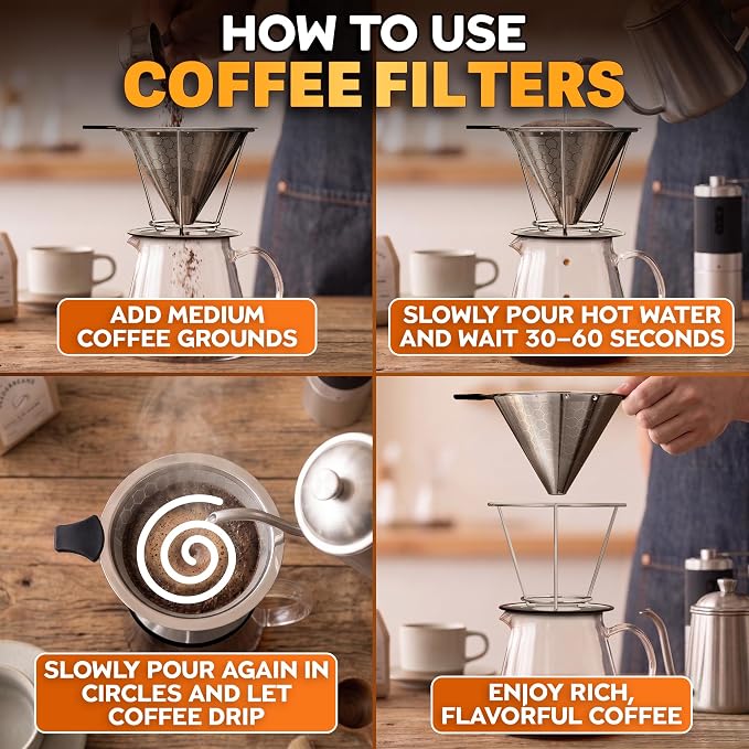 Pour Over Coffee Filter Reusable Stainless Steel - 800 Mesh Dual-Layer Cone Set with Stand and Cleaning Brush - Smooth, Rich Brew, Coffee Dripper Compatible with Hario V60, Chemex Brewers & Most Mugs