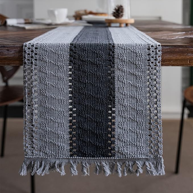 Macrame Table Runner Grey Boho Table Runners with Tassels Hand Woven Cotton Table Runner Rustic Farmhouse Table Runners for Bohemian Kitchen Dining Table(12x95in)