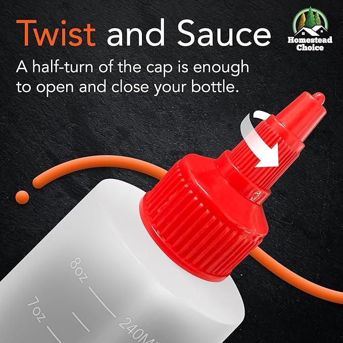 6-pack Plastic Squeeze Bottles for Sauces - 8oz Condiment Squeeze Bottles for Liquids - BPA Free Squirt Bottle with Twist Cap - Ketchup, Syrup, Oil, Dressings, Honey & Arts and Crafts