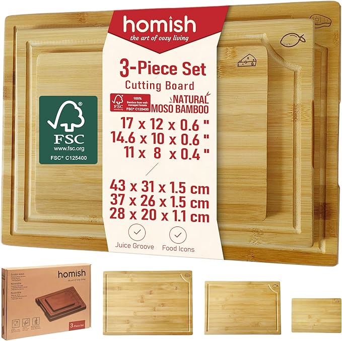 Large Bamboo Cutting Board 3 Piece Set with Juice Groove & Handle - Non Toxic Wood Charcuterie Board & Butcher Block for Meat, Veggies Fruit & Cheese - Kitchen Gift Set by Homish