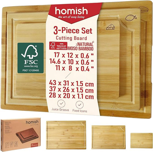 Large Bamboo Cutting Board 3 Piece Set with Juice Groove & Handle - Non Toxic Wood Charcuterie Board & Butcher Block for Meat, Veggies Fruit & Cheese - Kitchen Gift Set by Homish