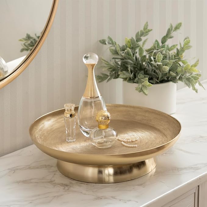 Kate and Laurel Stovring Modern Metal Round Lazy Susan, 12 Inch Diameter, Gold, Transitional Aluminum Circular Rotating Pedestal Tray Organizer for Tabletop Decor or Kitchen Storage