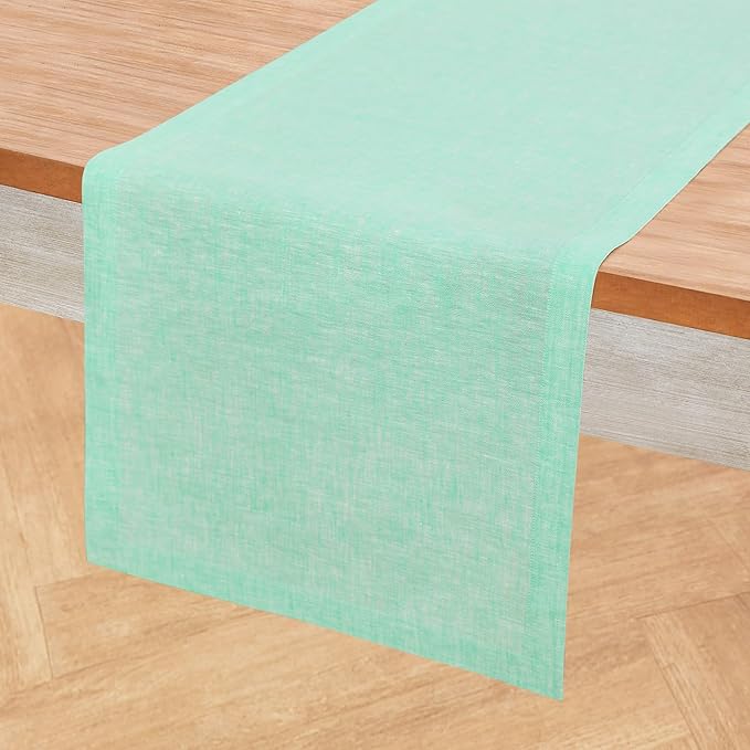 Solino Home Linen Table Runner 36 Inches - 100% Pure Linen Chambray Aqua Table Runner 14 x 36 Inch Ideal for Dresser and Coffee Tables - Athena, Spring, Summer