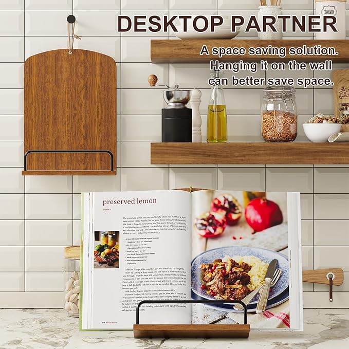 Wooden Cookbook Stand for Kitchen Counter, Rustic Brown Cook Book Stand fits Hanging or Countertop Display, Recipe Book Holder with Adjustable Angle, Wood Cooking Book Stands, Bible Display Holders