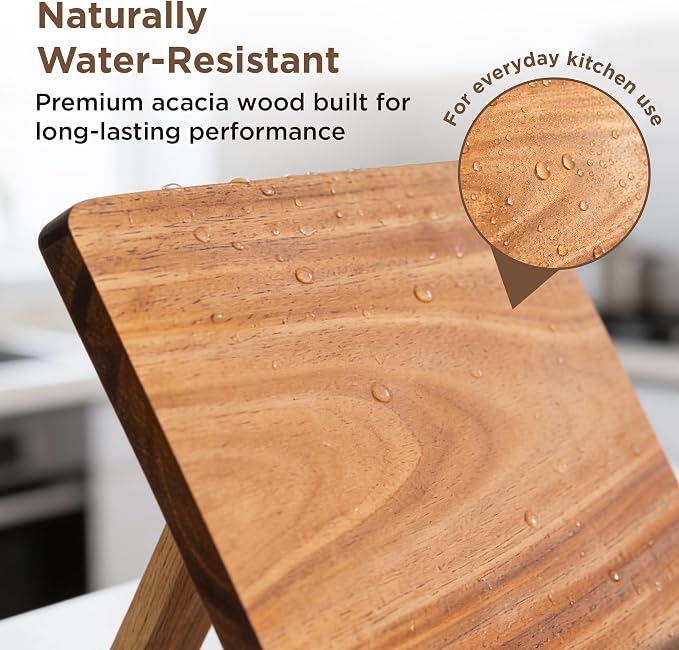 Acacia Wood Cookbook Stand – Adjustable Recipe Book Holder for Kitchen Counter, Sturdy Wooden Stand Fits Thick Cookbooks, iPads & Tablets