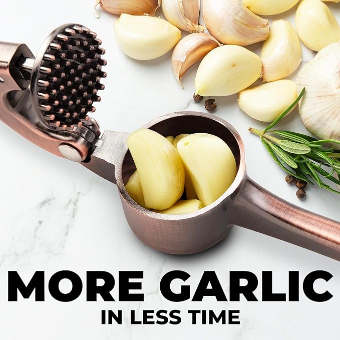Zulay Kitchen Large Premium Garlic Press Set - Bigger Bowl for Bigger Garlic - Rust Proof Garlic Mincer Tool - Easy-Squeeze, Easy-Clean Silicone Garlic Peeler & Brush (Copper)