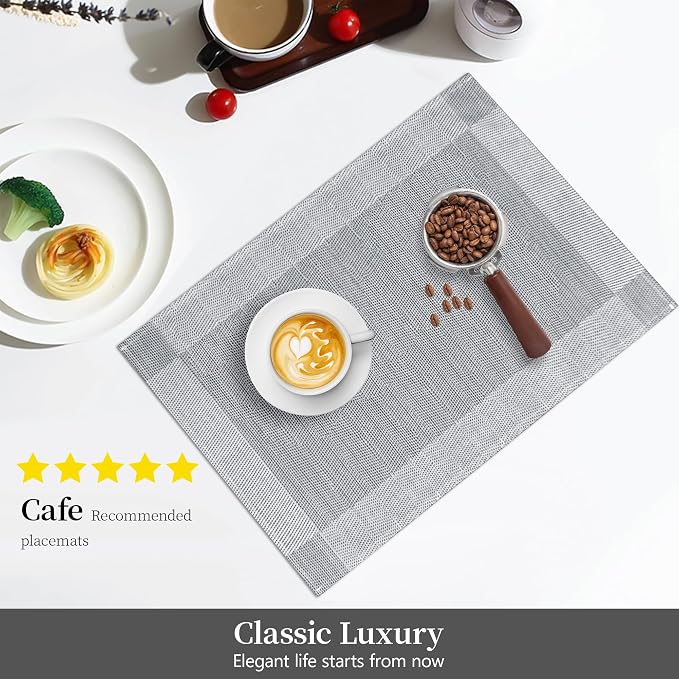 Bloss Placemats Set of 6, Linen Woven Place Mats for Kitchen Table Indoor/Outdoor, 11.8" x 17.7" Washable Silver Gray Placemat Dining Table Mats