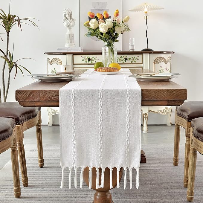 Wracra Rustic Linen Table Runner Farmhouse Style Table Runners 48 inches Long Embroidered Table Runner with Hand-Tassels for Party, Dresser Decor and Dining Room Decorations (White, 13"×48")