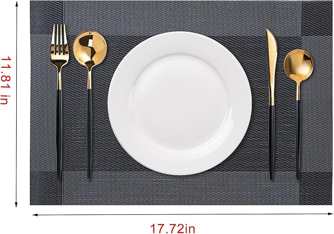 CADONO Placemats Set of 6 Washable Indoor/Outdoor Vinyl Place Mats for Dining Table Durable Non-Slip Heat Resistant PVC Weave Table Mats（Four-Corner-Black）