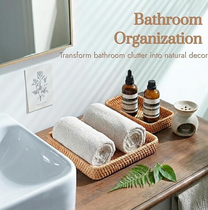 Rattan Serving Tray Set of 3, Rectangular Woven Tray, Natural Wicker Decorative Serving Tray, CoffeeTabletop Vanity Organizer, Bathroom Kitchen Counter, (S 4.3 x 8.3), (M 8.3 x 8.3), (L14.6 × 9.1)