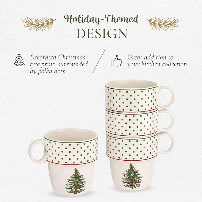 Spode Christmas Tree Polka Dot Stackable Mugs, Set of 4 - Festive 10oz for Hot Chocolate & Coffee, Space-Saving Design, Dishwasher, Microwave, Freezer Safe - Fine Earthenware Holiday Mugs