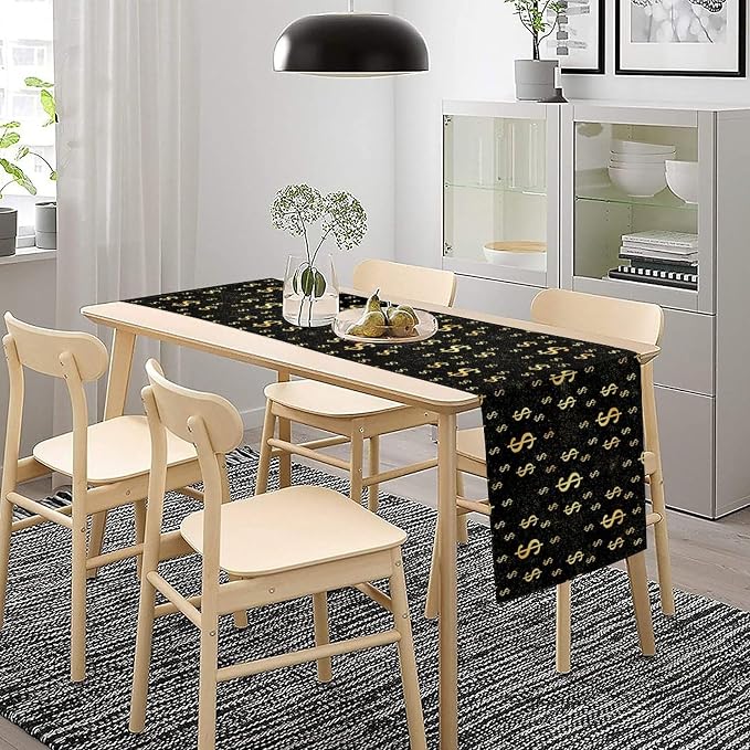 Funny Dollar Table Runner, Cartoon Gold Abstract Art Dollar Bill Symbol Plant Moon Owl Plant Table Decor Table Top Dining Kitchen Wedding Party 13x108 Inch