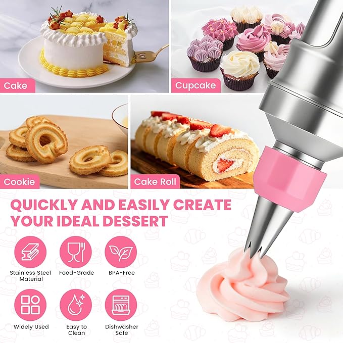 Dessert Decorating Syringe Set - Cupcake Icing Piping Kit, Cupcake Frosting Filling Injector with 54 Piping Icing Nozzles, 9 Silicone Cupcakes, 3 Cream Scrapers -for Cake,Cupcakes,Cookie (69Pcs-Pink)