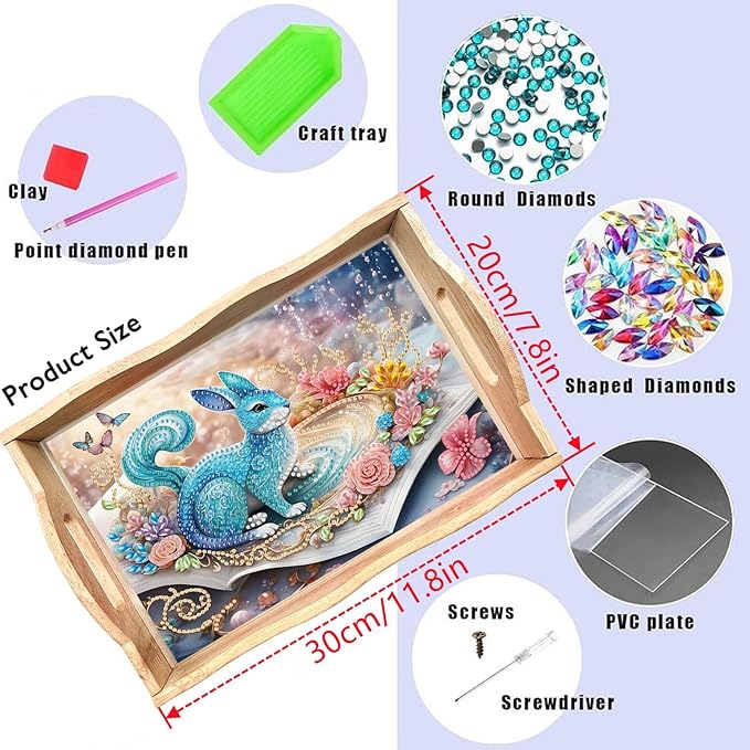 DIY Diamond Serving Tray Diamond Art Painting Creative Design Handmade Wooden Tray Dinner Plate for Coffee Breakfast Home Organizer-Blue Rabbit
