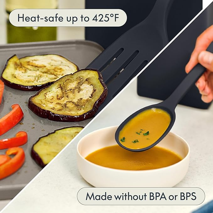 bella 5-Piece Kitchen Tool Set with Magnetic Rack, Silicone, Turner, Spoon, Slotted Spoon, Spatula, Utensil Holder, Magnetic Holder, Non-toxic*, Food-grade, Heat safe to 425°F, Dishwasher Safe, Slate