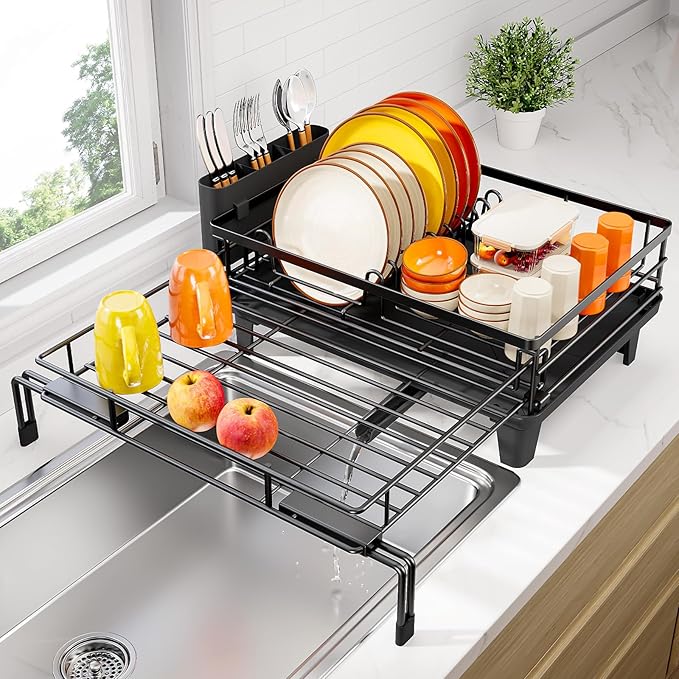 Urackify Dish Drying Rack - Extendable Dish Drainer, Large Dish Racks for Kitchen Counter, Rustproof Dish Strainer with Utensil Holder, 12.3"-20.5" L x 15" W, Pure Black