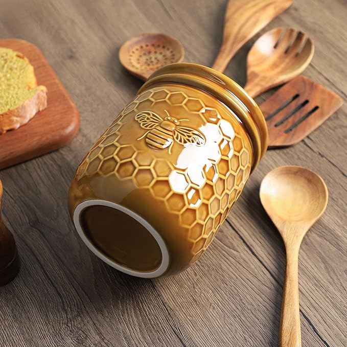 Retro Honeycomb and Bee Embossed Ceramic Kitchen Utensil Holder, Large Cooking Utensil Crocks for Kitchen Countertop, Ceramic Utensil Organizer for Spatula, Kitchen, Home Decoration
