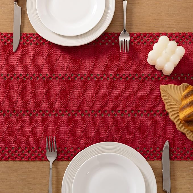 Socomi Boho Table Runner Summer Farmhouse Rustic Dining Kitchen Centerpiece Decor Small Macrame Woven Cotton Linen Coffee Table Runner for Dresser Scarf Home Decor 12x60 in Red