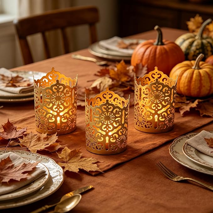 Hosley Set of 3 Gold Diamond Cut Candle Holders 4 Inches High Elevate Your Space with Elegant Metal Candle Holders in a Value Pack
