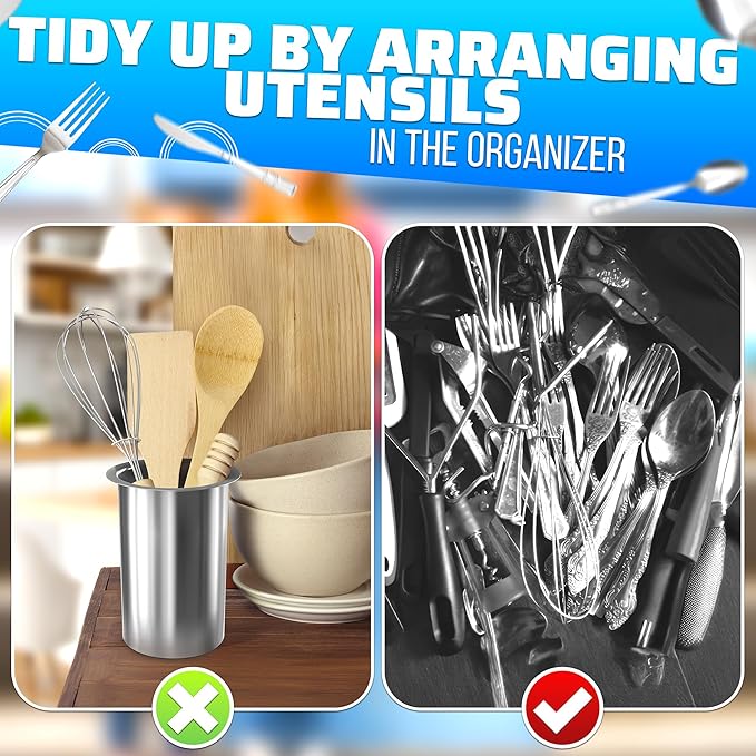 3 Pcs Countertop Utensil Holder Stainless Steel - 5.5 x 4.5" Stainless Steel Utensil Holder for Kitchen and Bars, Durable and Dishwasher Safe, Odor and Rust Resistant, Good for Home and Commercial Use