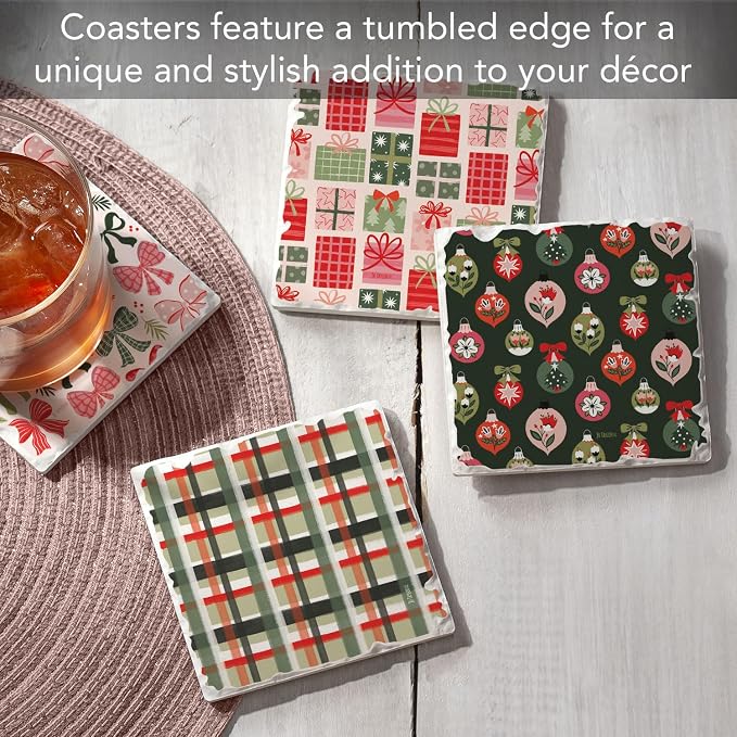 Thirstystone Christmas Joy 4 Pack Assorted Tumbled Tile Stone Coasters with Protective Cork Backing 4" Square Manufactured in the USA