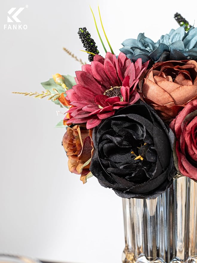 FANKO Artificial Flowers for DIY, Black Burgundy Brown Faux Flowers Bouquet, Fake Rose Dahlia Lily Silk Flowers for Vase, Home Decor, Rustic Wedding, Gothic Events, Party, Themed Birthday