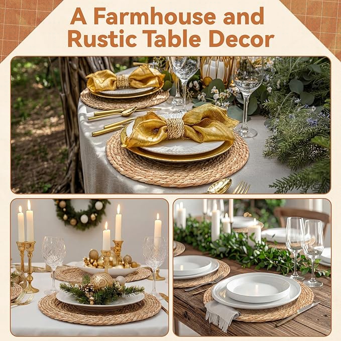 LemonRoad 13 Inch Boho Placemats Set of 12 Large Round Farmhouse Chargers Plate Mats Cattail Weave Woven Table Mats for Dining Plates Rustic Home Kitchen Wedding Party Table Decor, Natural Colors