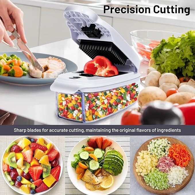 2-in-1 Vegetable Dicer, Onion Chopper with 6.7mm and 13.5mm Dicing Blades, 1.5L Food Prep Container for Salad, Potato, Tomato, Home Kitchen Meal Prep (White & Black)