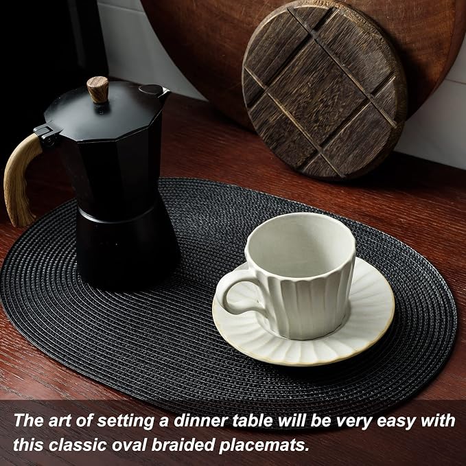 AHHFSMEI Placemats Set of 6 for Dining Table Washable Woven Non-Slip 18x12 inches Placemat Heat-Resistant Durable Table Mats for Dining Table Easy to Clean (Oval Black, 6)