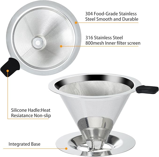 Pour Over Coffee Dripper Slow Drip Paperless Coffee Filter, Double Mesh Stainless Steel Pour Over Coffee Maker for Single Cup Brew Cone Filter, Integrated Cone Coffee Drip Fine Mesh Strainer(1-2 Cup)