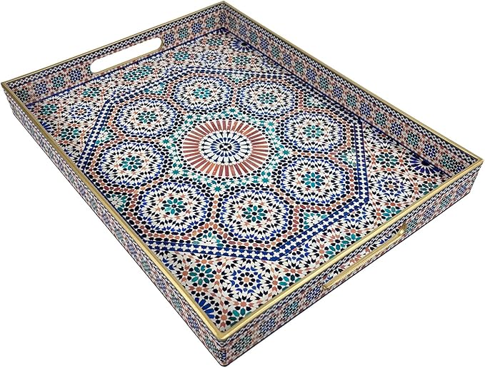 Plastic Coffee Trays,Serving Tray,Bohemian Blue Tray,15.7" L x 11.8" W x 1.57" H,Lightweight and Non-Slip with Handles,Perfect for Restaurants,Cafés,and Home Use(Rectangle Bohemian Blue)