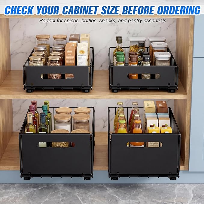 2 Pack Pull Out Cabinet Organizer, 15"" Depth Slide Out Drawer with Nano Adhesive (No Drilling), Heavy Duty Tall Wire Basket for Kitchen, Under Sink, Bathroom, 9.44"" W x 7.08"" H, Black