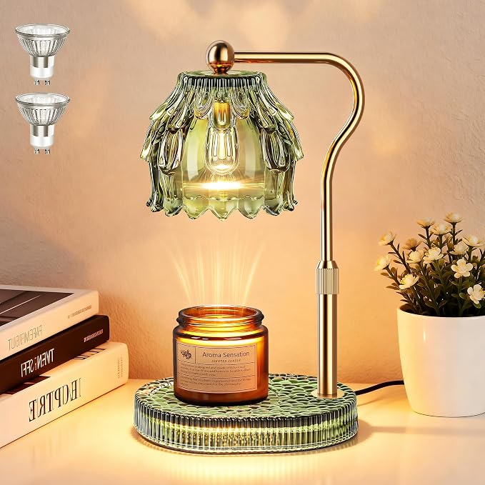 QiMH Candle Warmer Lamp with Timer Dimmer, Modern Wax Warmer for Scented Wax Jar Candle Warmer with 2 Bulbs, Adjustable Height Glass Lamp for Women, House Warming Gifts, Gold Green