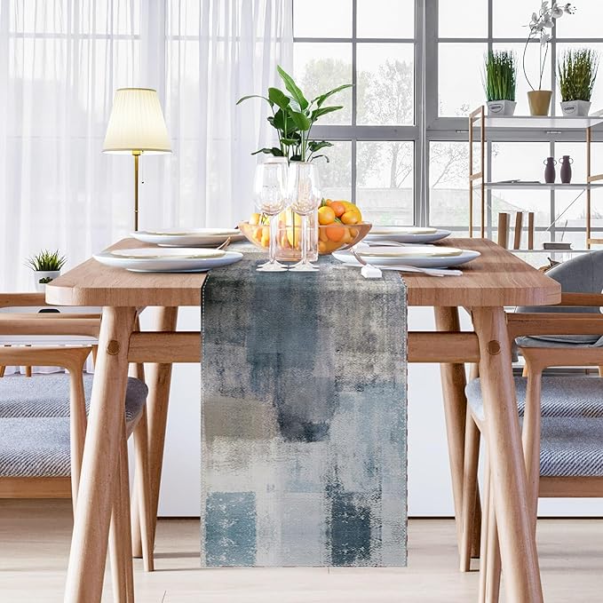 Emvency Farmhouse Table Runner, Vintage Blue and Grey Abstract Art Painting for Kitchen Coffee Table Family Dinners Holiday Parties Wedding Events Decor(13x108 inch)