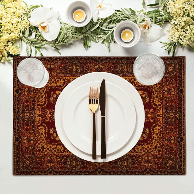 Red Gold Boho Placemats Set of 4 Bohemian Vintage Retro Rug Carpet Linen Washable Kitchen Dining Table Mats Stain Heat-Resistant Desktop Decor Place Mats for Home Party Indoor 12x18 in