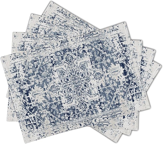 Navy Blue Grey Ethnic Boho Placemats Set of 4 Bohemian Carpet Vintage Gray Linen Washable Kitchen Dining Table Mats Stain Heat-Resistant Desktop Decor Place Mats for Home Party Indoor 12x18 in