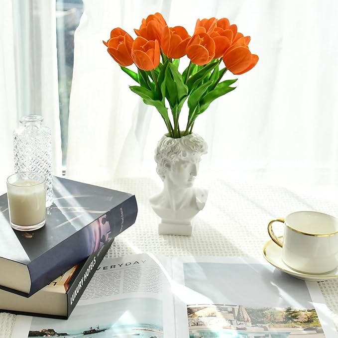 Mandy's Orange Partially Open Artificial Tulips Flowers Centerpiece, 13.5" Lifelike PU Fake Floral Stems 12pcs for Kitchen Island & Dining Table, Spring Decor for Easter