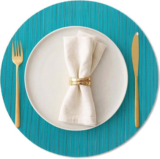 AHHFSMEI Round Placemats Set of 6 Woven Vinyl Non-Slip Heat Resistant Stain Resistant Easy Clean Place mats for Dining Table(Turquoise)