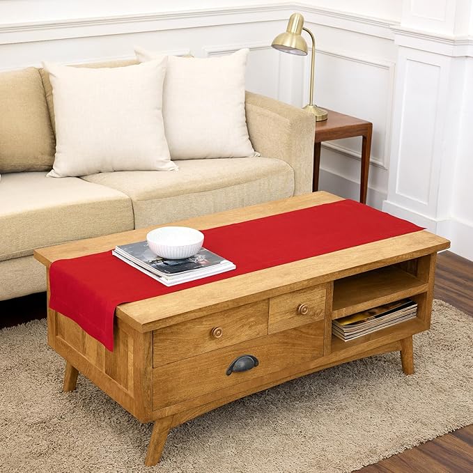 Solino Home Linen Red Table Runner 60 Inches - 100% Pure Linen Small Table Runner 14 x 60 Inch Ideal for Dresser and Coffee Tables - Fete - 4th of July