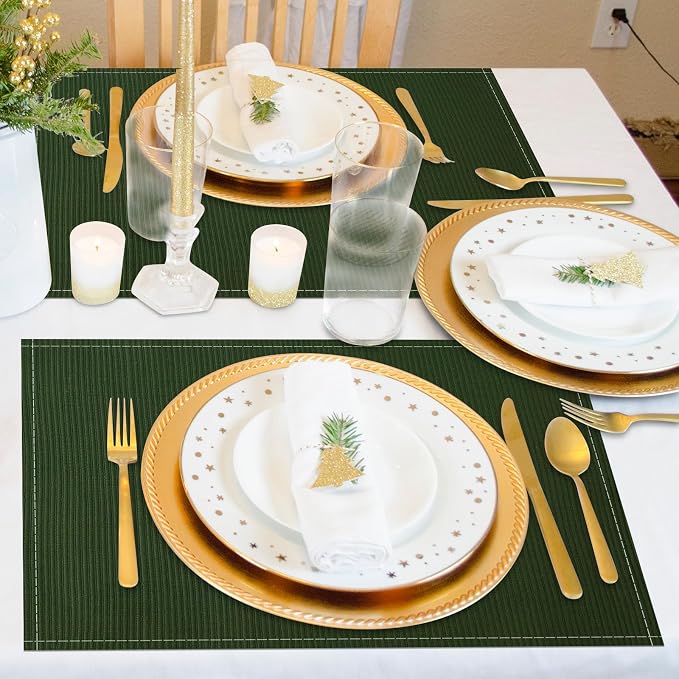 Niviy Dark Green Christmas Placemats Set of 4, 12x18 Inch Washable Easy to Clean Heat-Resistant Anti-Skid Grey Placemats for Holiday Party Kitchen Dining Room Decoration