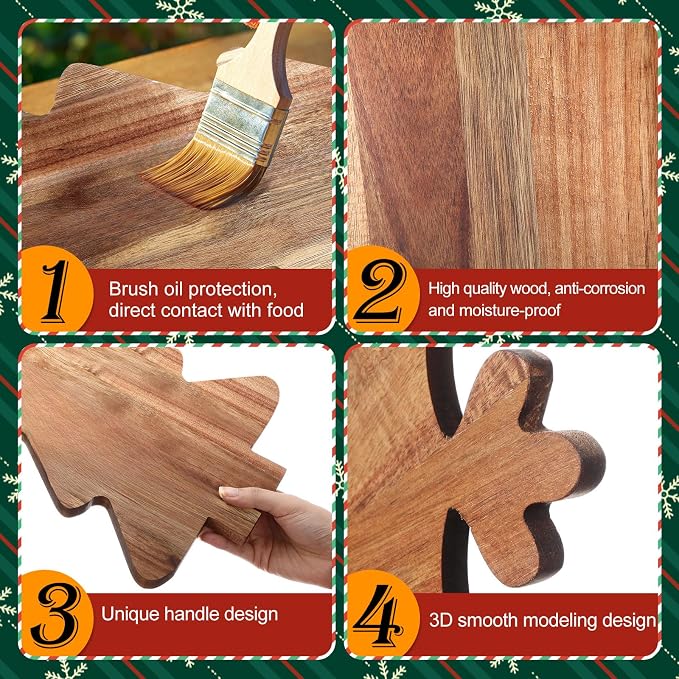 Umigy 2 Pcs Christmas Charcuterie Boards Christmas Tree Wooden Cutting Board with Handle Antler Acacia Wood Cute Cutting Board for Cheese Fruit Bread Salad Vegetables Snack Dessert(Snowflake Style)