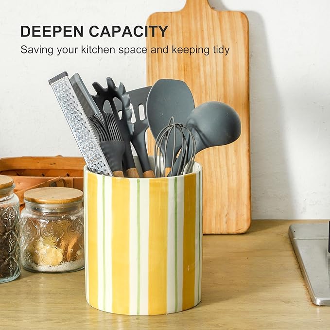 7" Hand-Drawn Lines Utensil Holder, Large Kitchen Utensil Holder Organizer ,Stable Utensil Crock Spatula Holder for Kitchen Counter Countertop Farmhouse Cooking Tools Holder
